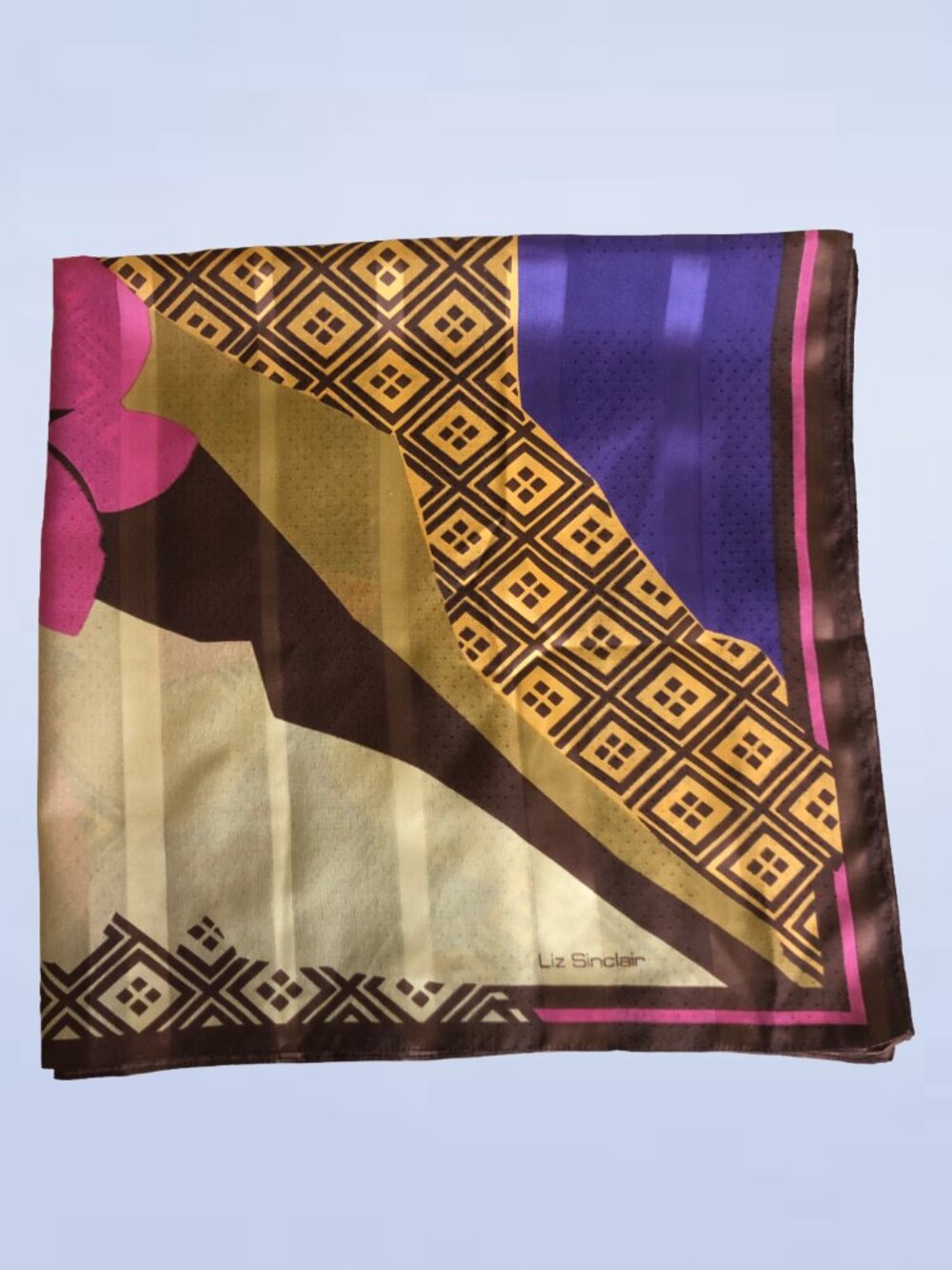 Liz Sinclair Vintage Floral Square Scarf | Brown Gold Purple Polyester Silky